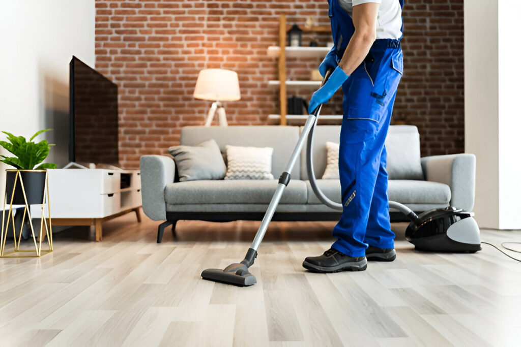 Cleaner providing affordable house cleaning in UAE by vacuuming carpet and floor for a spotless home environment.