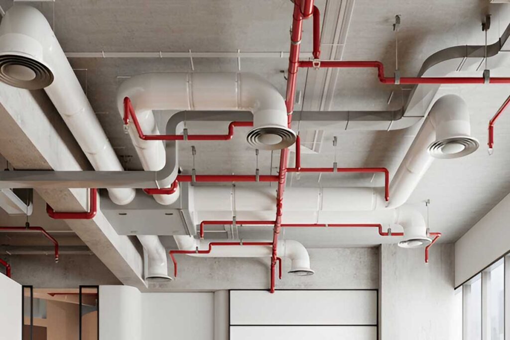 MEP consultants in Dubai reviewing HVAC, electrical, and plumbing blueprints for a commercial building project .